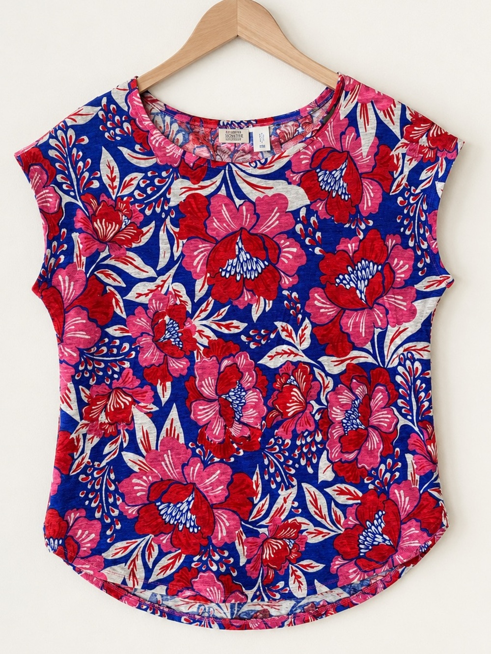 Sigrid Olsen 100% Linen Floral Top Blue Pink Red Short Sleeve Size Large